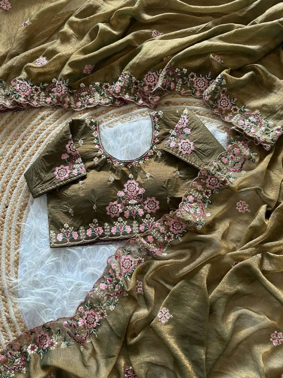 Khadi Moss Silk Embroidery Saree Set
