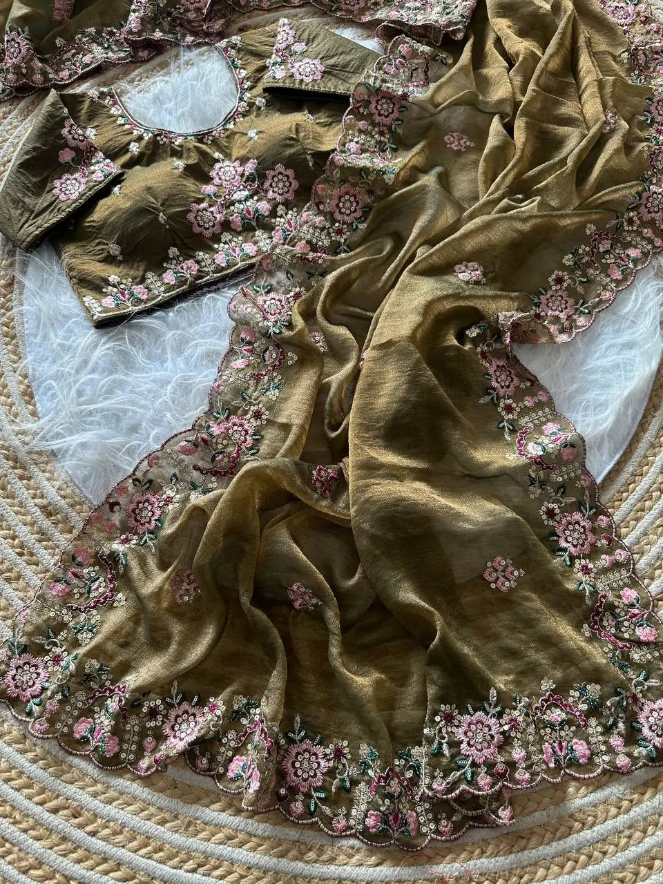 Khadi Moss Silk Embroidery Saree Set