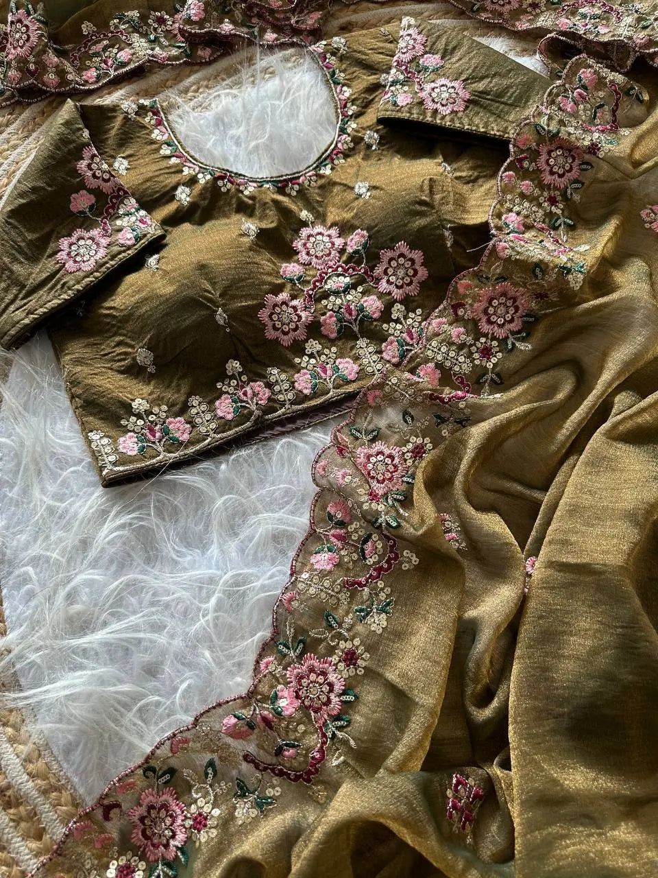 Khadi Moss Silk Embroidery Saree Set