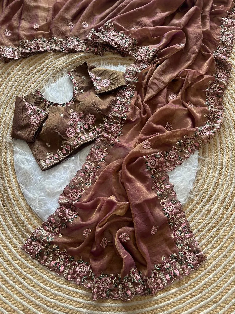 Khadi Moss Silk Embroidery Saree Set