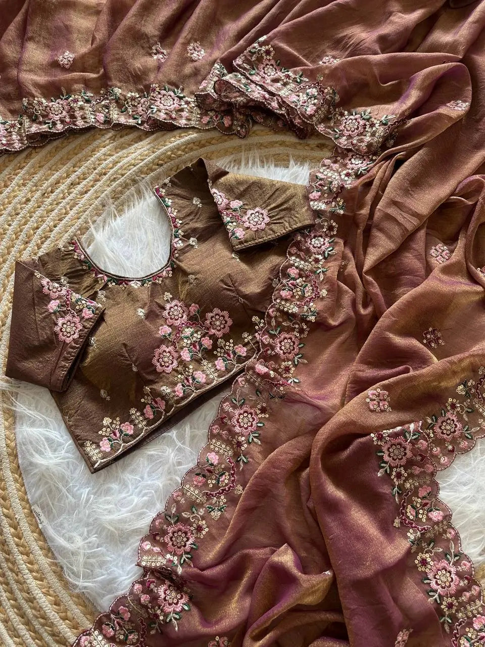 Khadi Moss Silk Embroidery Saree Set