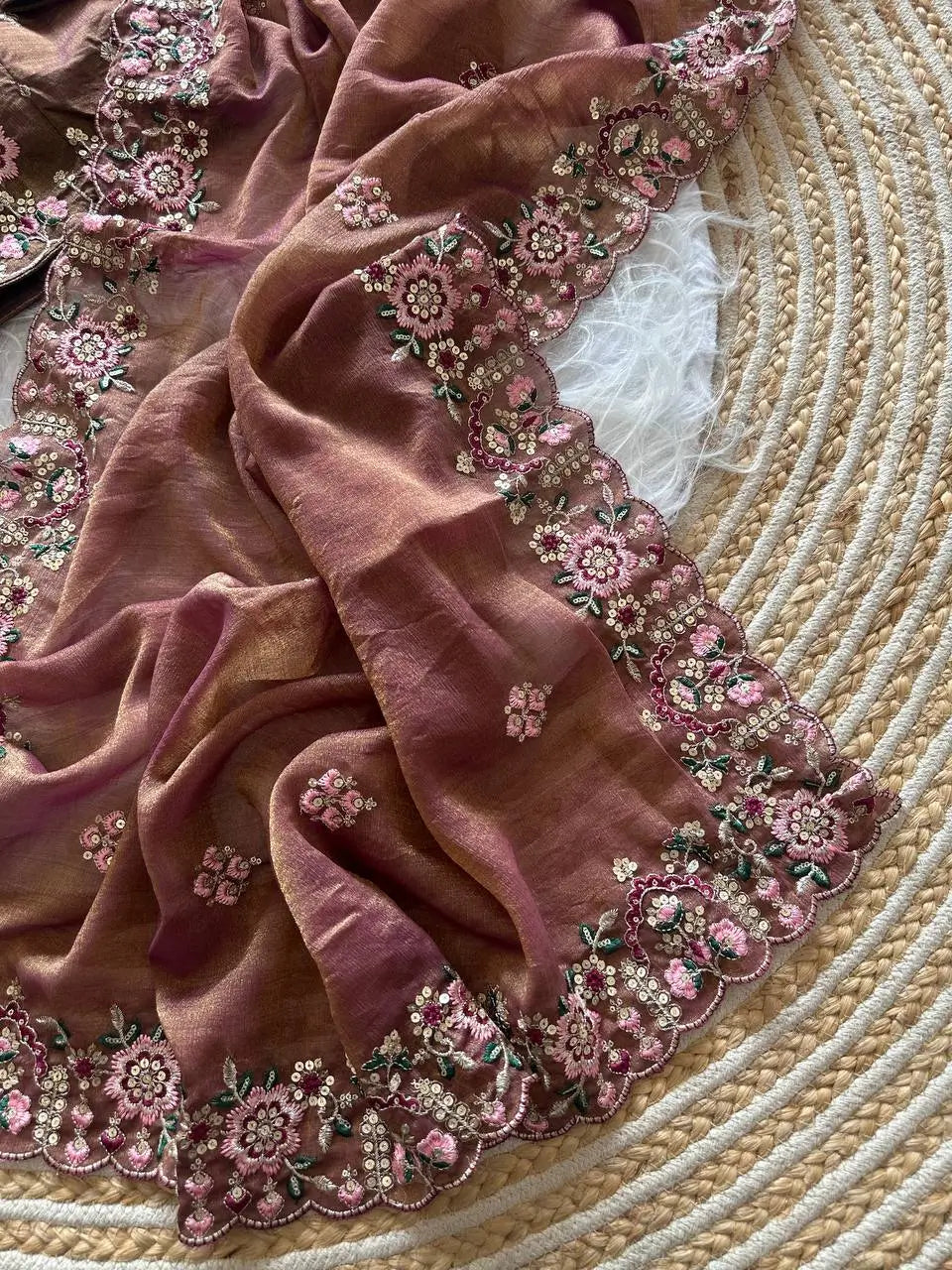 Khadi Moss Silk Embroidery Saree Set