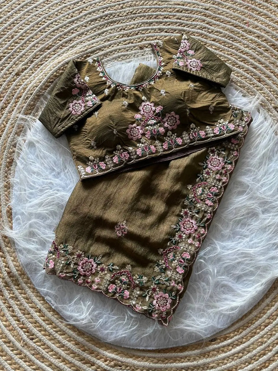 Khadi Moss Silk Embroidery Saree Set