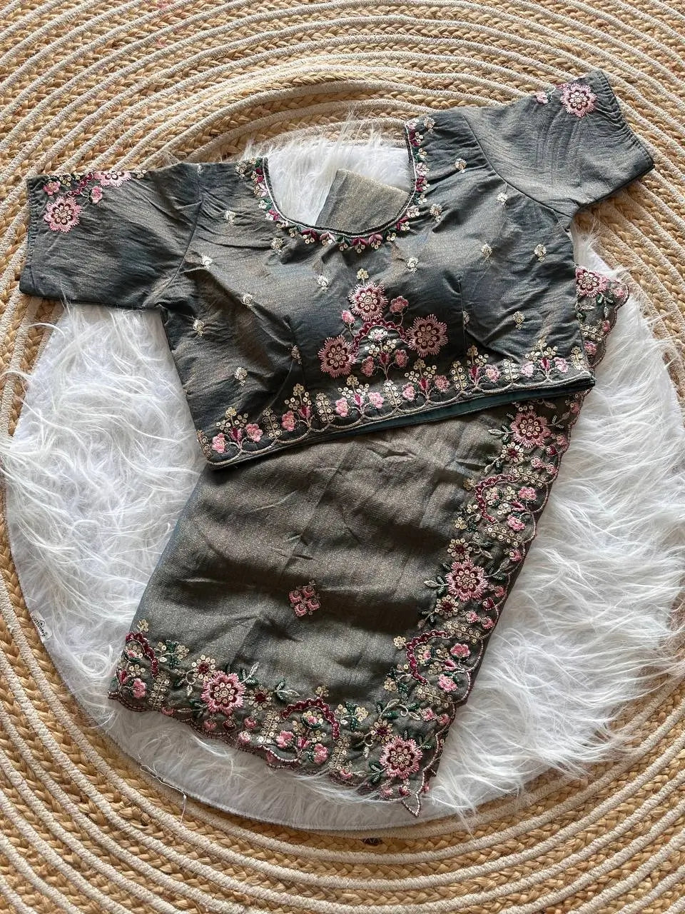 Khadi Moss Silk Embroidery Saree Set