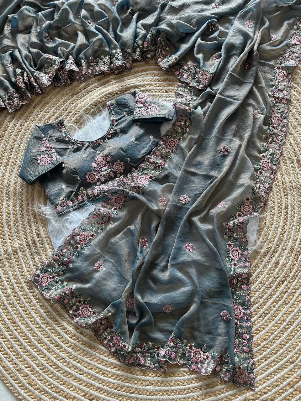 Khadi Moss Silk Embroidery Saree Set