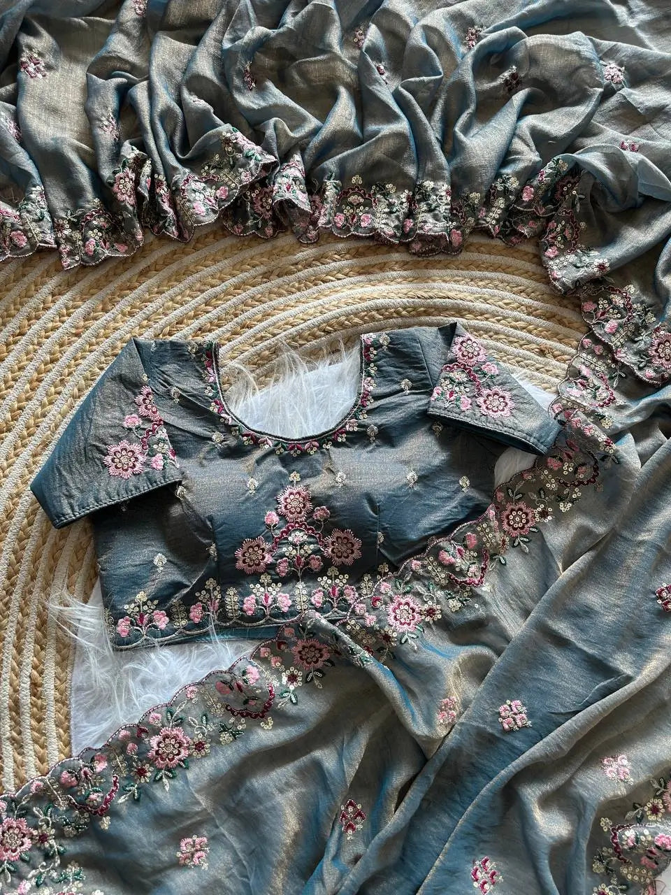 Khadi Moss Silk Embroidery Saree Set