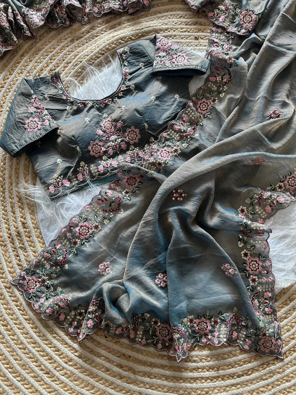 Khadi Moss Silk Embroidery Saree Set