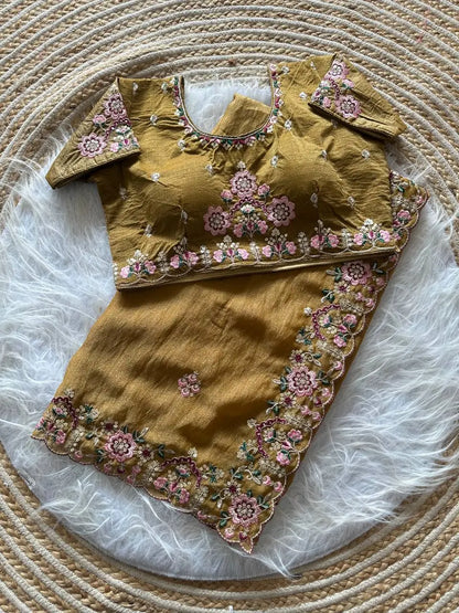 Khadi Moss Silk Embroidery Saree Set