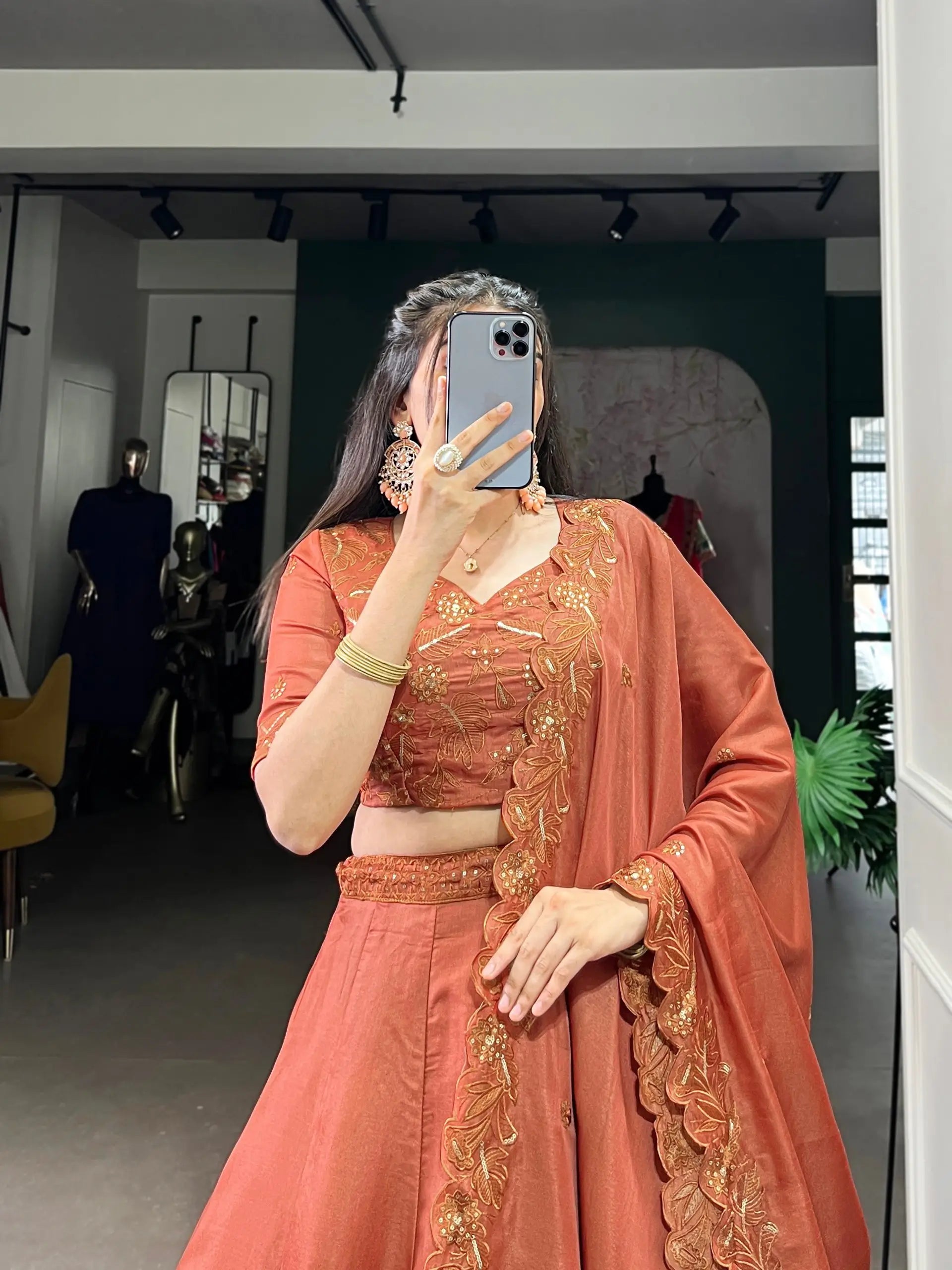 Korean Pure Tussar Embroidered Lehenga Set with Dupatta