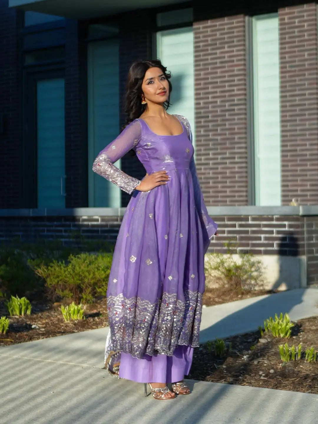 Lavender Sequin Border Anarkali Set