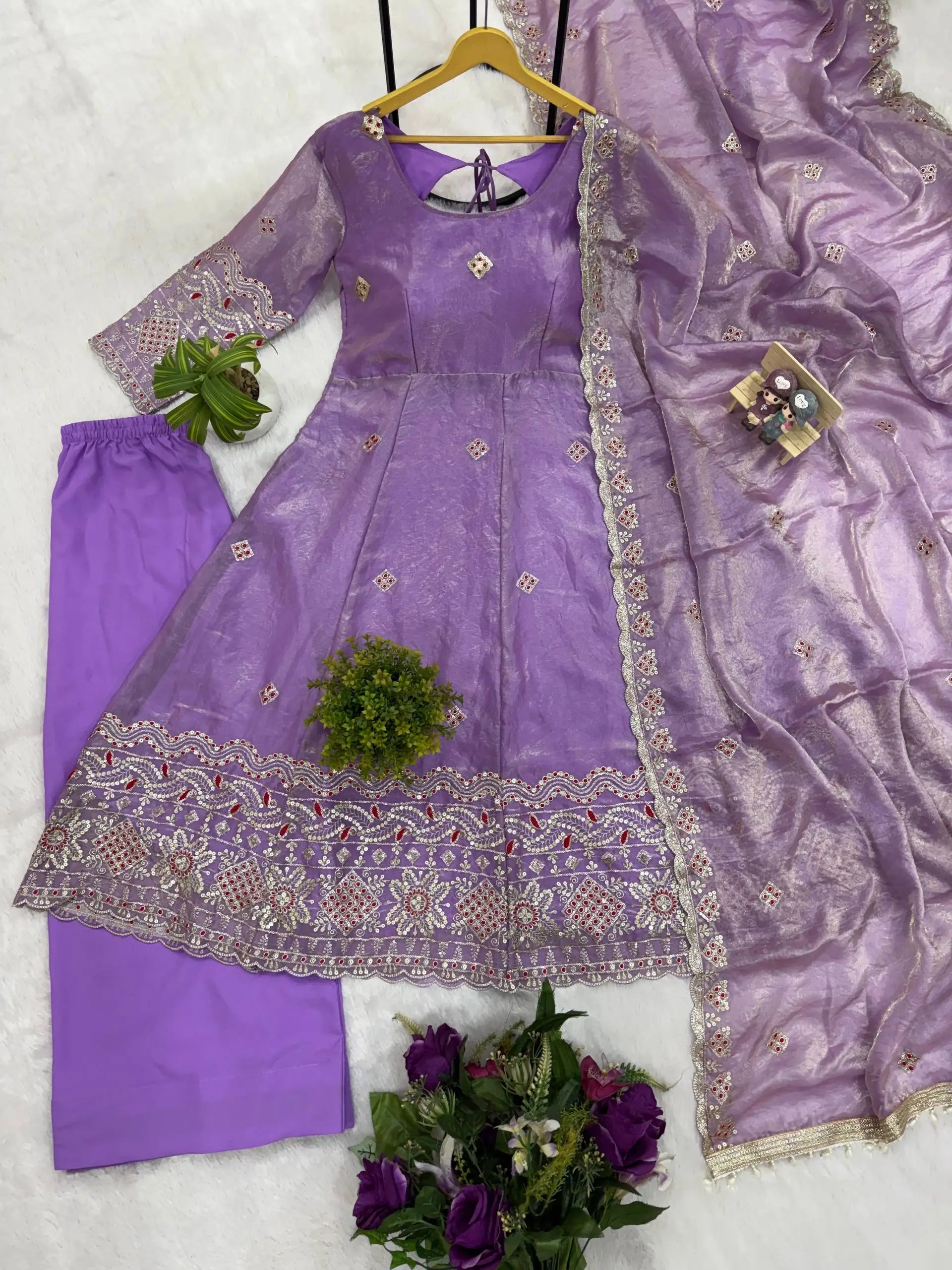 Lavender Sequin Border Anarkali Set