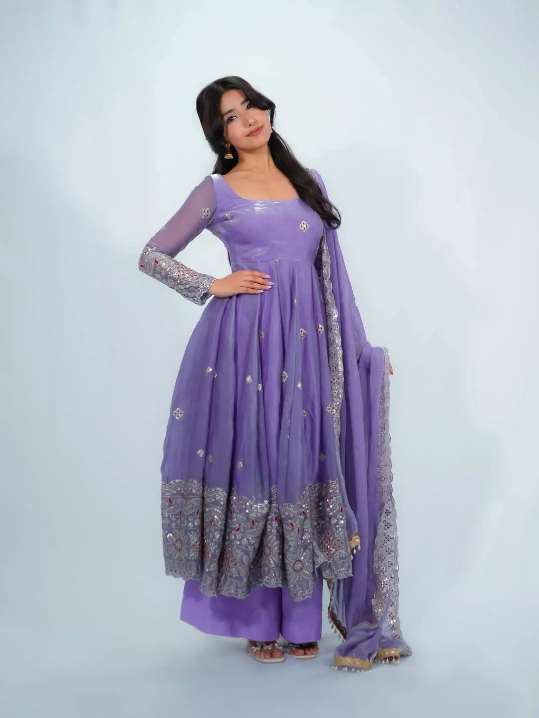 Lavender Sequin Border Anarkali Set