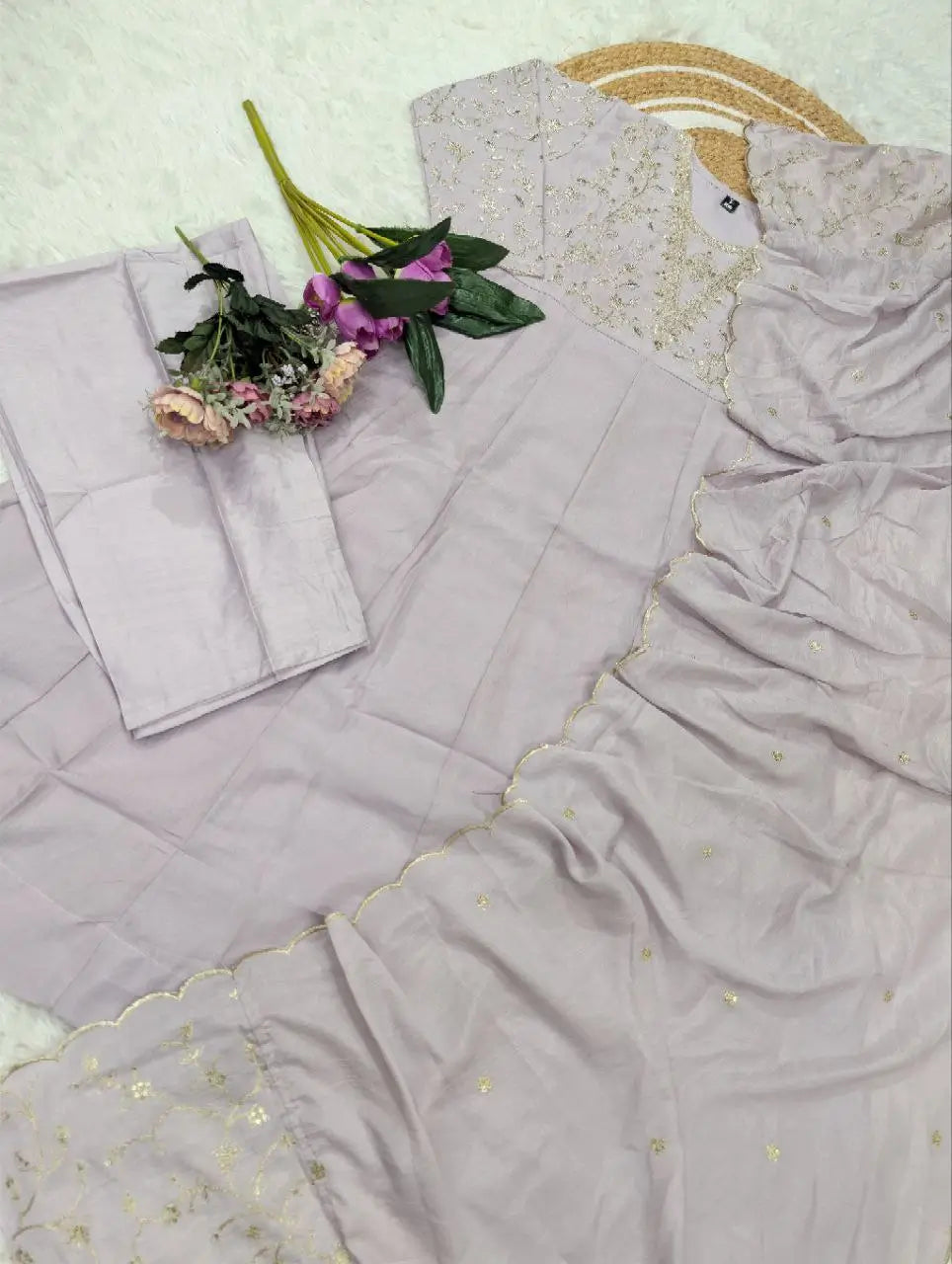 Lavender Vichitra Silk Sequin Embroidered Kurta Set with Dupatta | Elegant Festive Wear