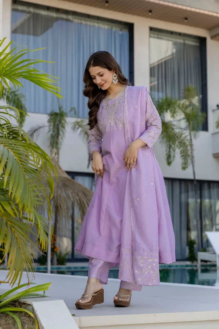 Lavender Vichitra Silk Sequin Embroidered Kurta Set with Dupatta | Elegant Festive Wear
