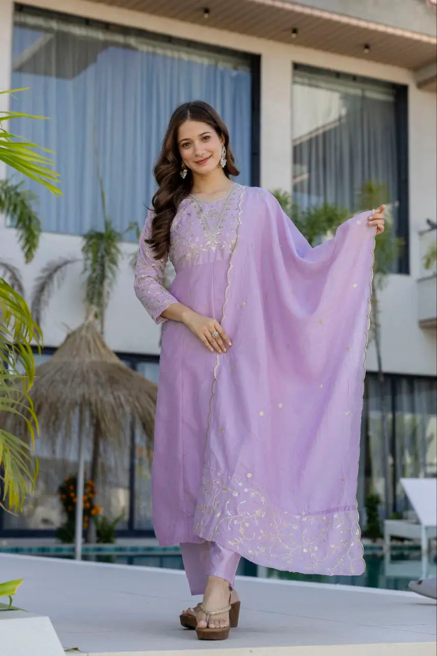 Lavender Vichitra Silk Sequin Embroidered Kurta Set with Dupatta | Elegant Festive Wear