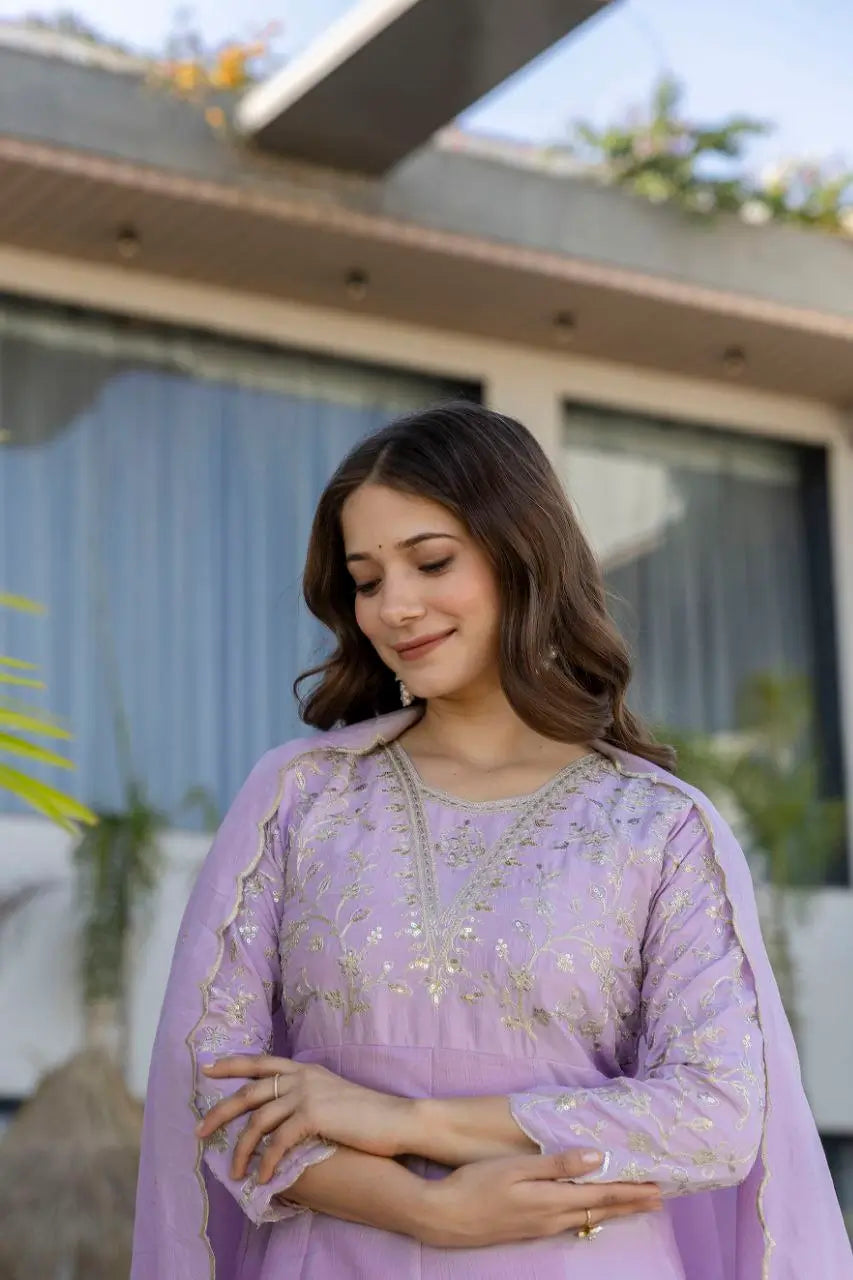 Lavender Vichitra Silk Sequin Embroidered Kurta Set with Dupatta | Elegant Festive Wear