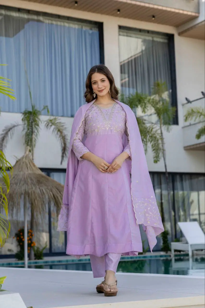 Lavender Vichitra Silk Sequin Embroidered Kurta Set with Dupatta | Elegant Festive Wear