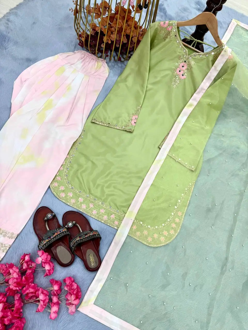 Light Green & Pink Contrast Crepe Embroidered Suit with Farshi Plazzo & Organza Dupatta