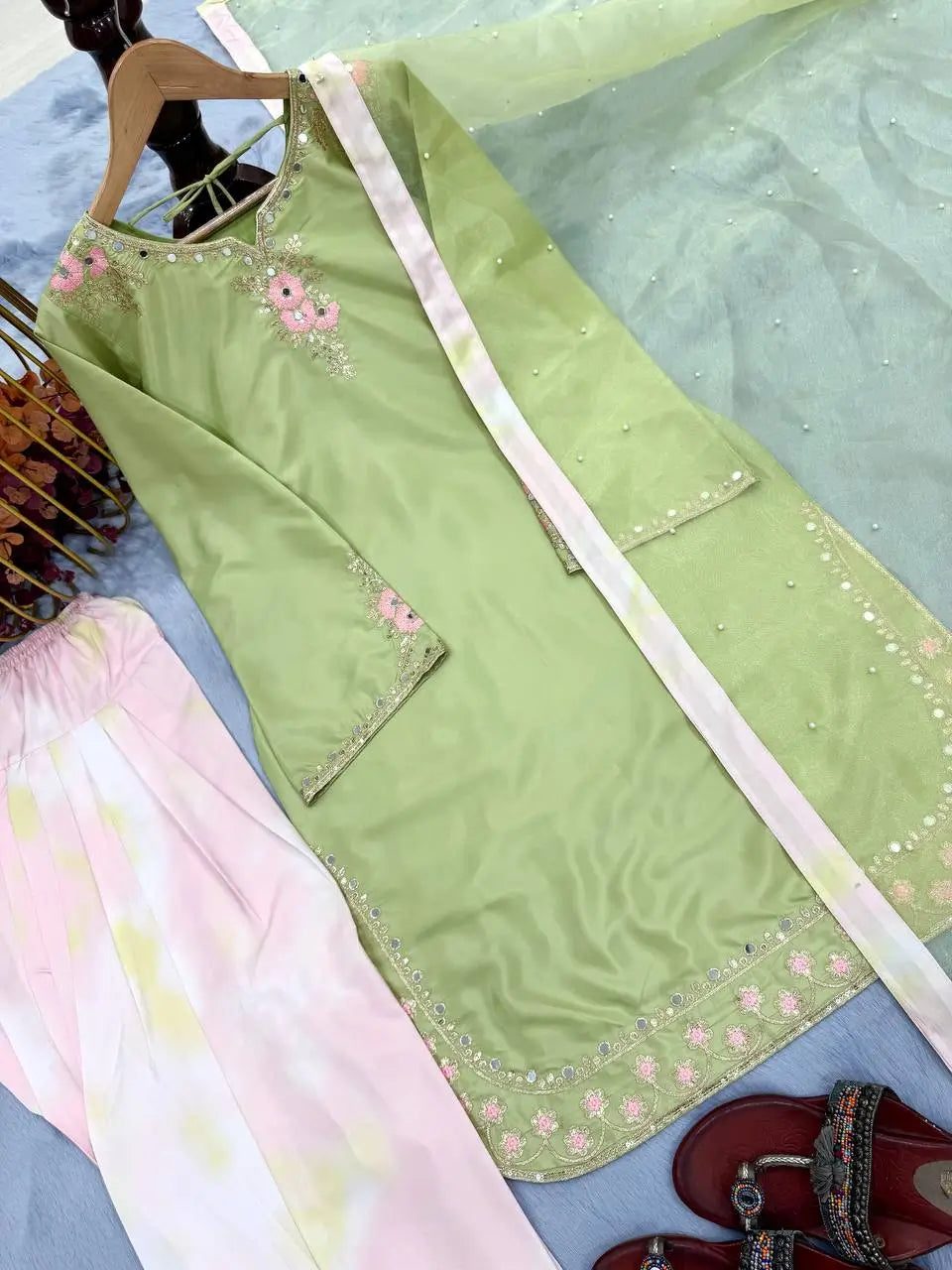 Light Green & Pink Contrast Crepe Embroidered Suit with Farshi Plazzo & Organza Dupatta