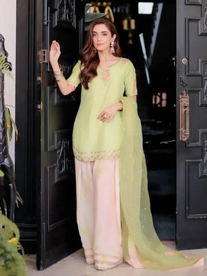 Light Green & Pink Contrast Crepe Embroidered Suit with Farshi Plazzo & Organza Dupatta