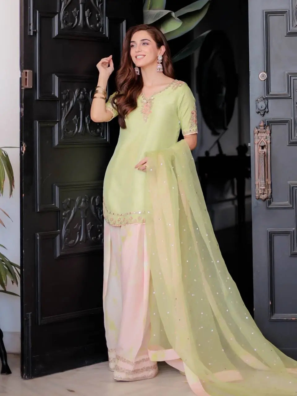 Light Green & Pink Contrast Crepe Embroidered Suit with Farshi Plazzo & Organza Dupatta