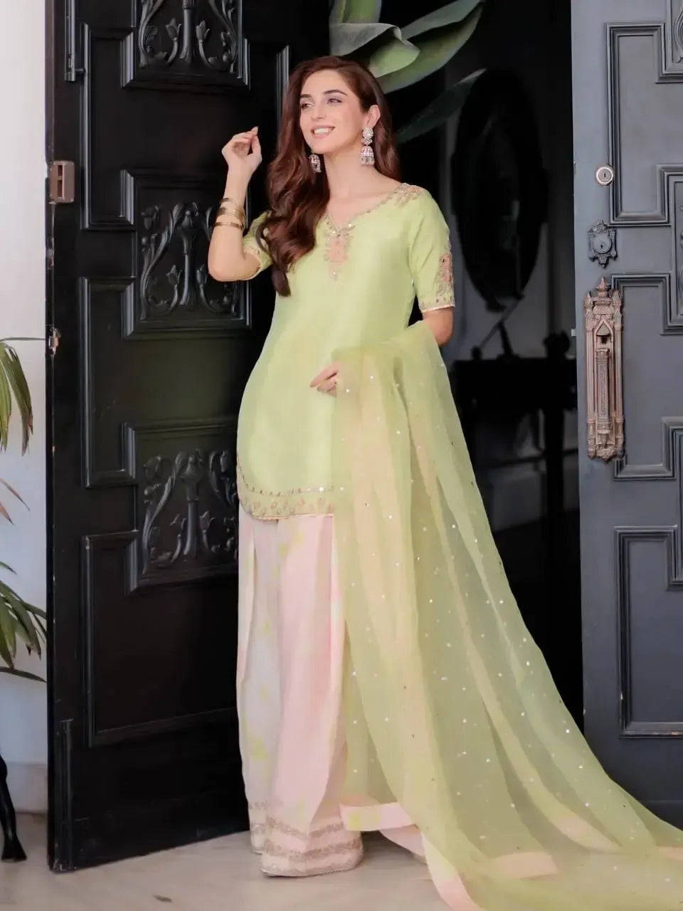 Light Green & Pink Contrast Crepe Embroidered Suit with Farshi Plazzo & Organza Dupatta