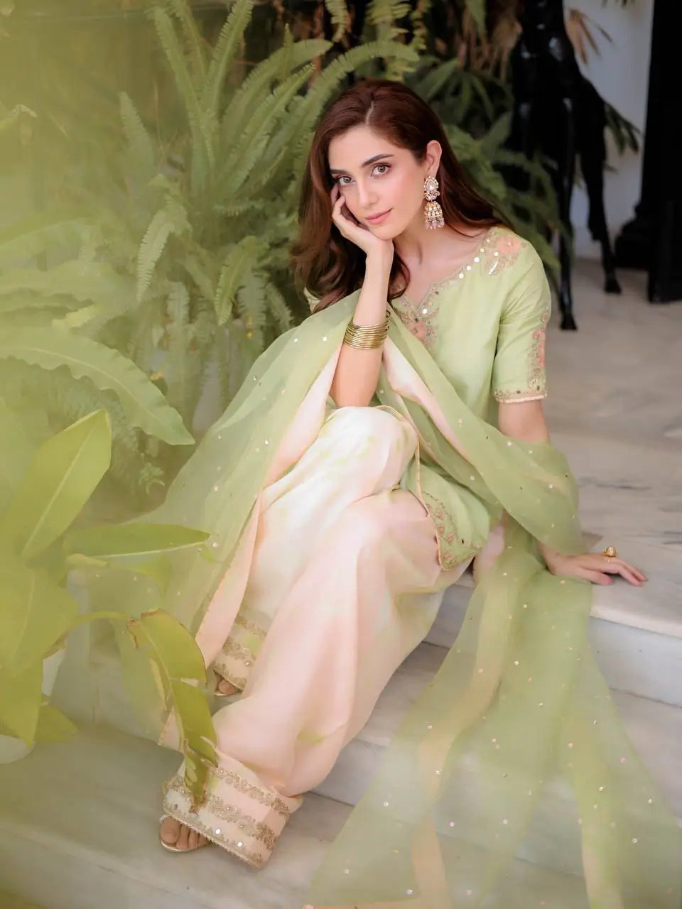 Light Green & Pink Contrast Crepe Embroidered Suit with Farshi Plazzo & Organza Dupatta