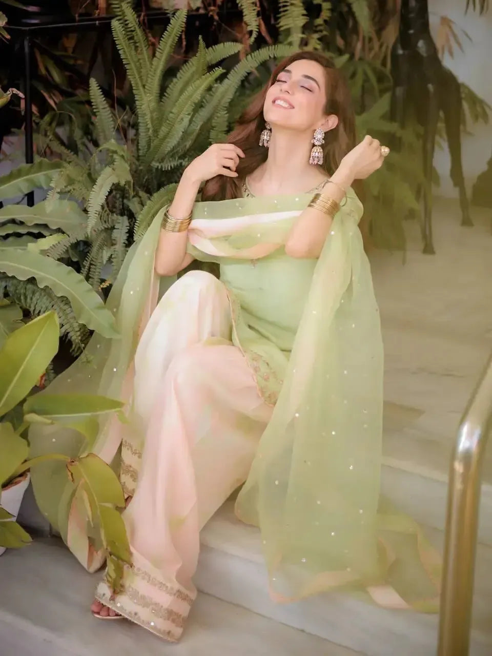Light Green & Pink Contrast Crepe Embroidered Suit with Farshi Plazzo & Organza Dupatta