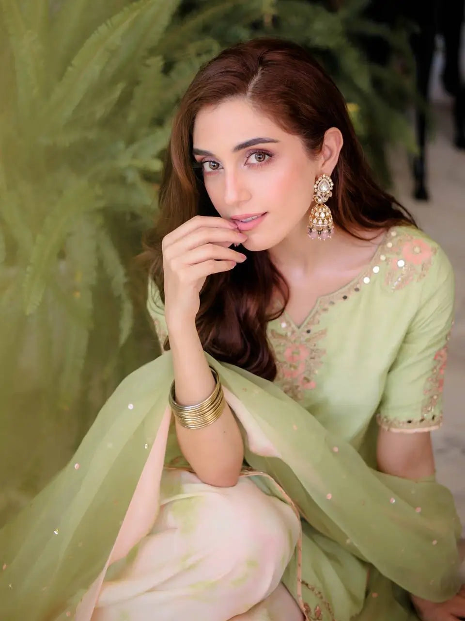 Light Green & Pink Contrast Crepe Embroidered Suit with Farshi Plazzo & Organza Dupatta