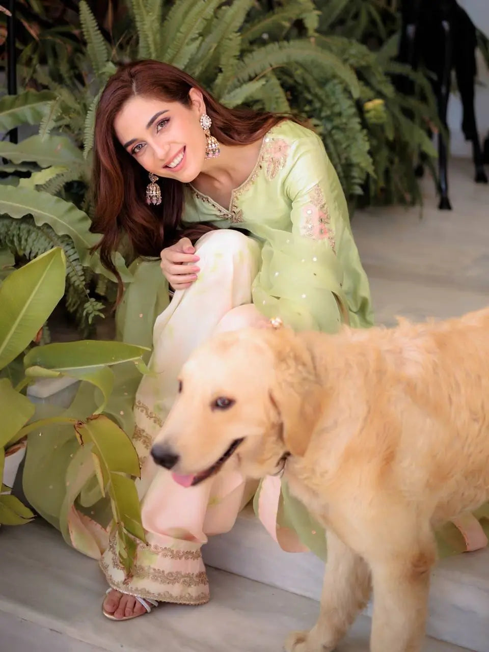 Light Green & Pink Contrast Crepe Embroidered Suit with Farshi Plazzo & Organza Dupatta