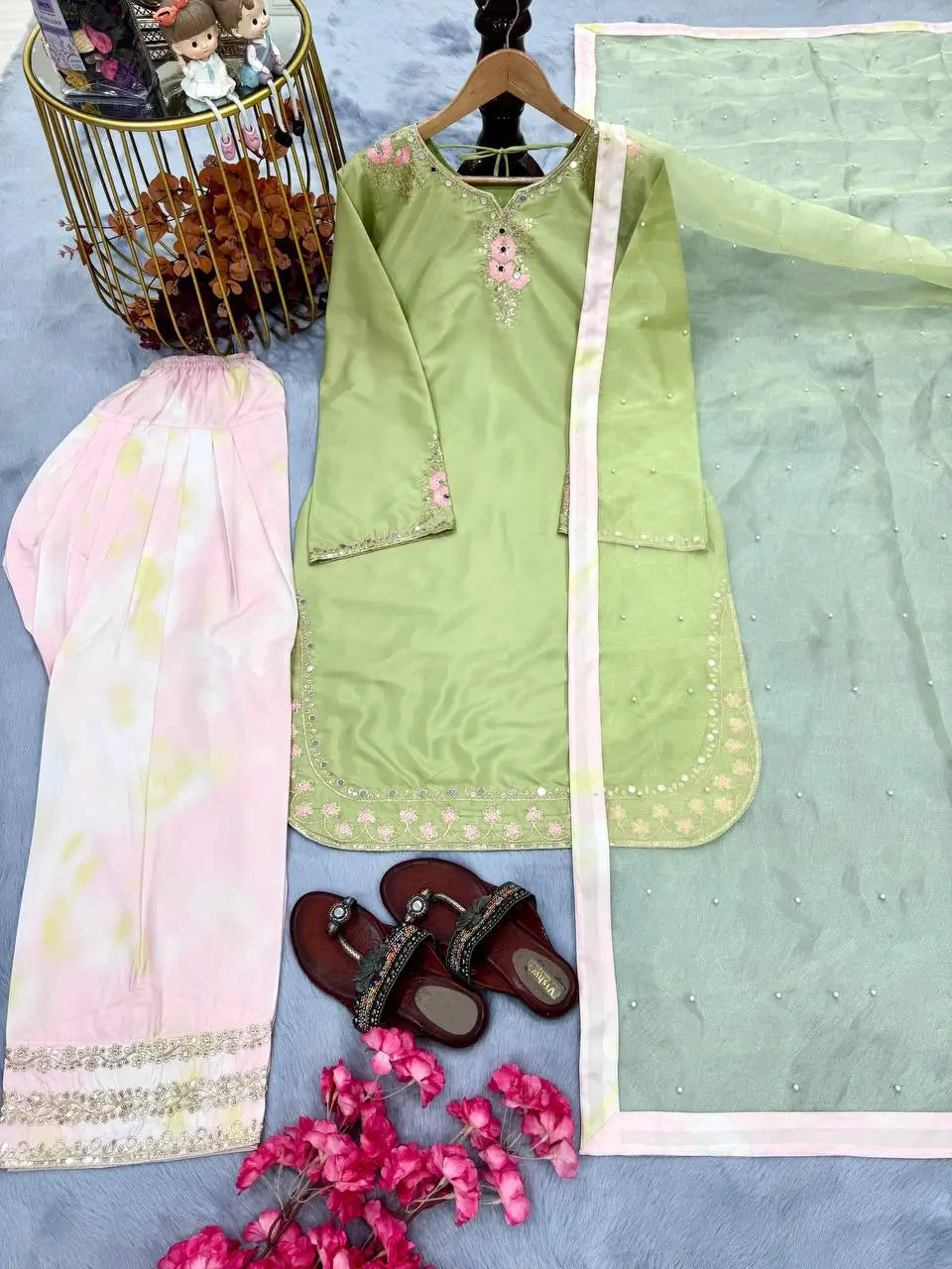 Light Green & Pink Contrast Crepe Embroidered Suit with Farshi Plazzo & Organza Dupatta