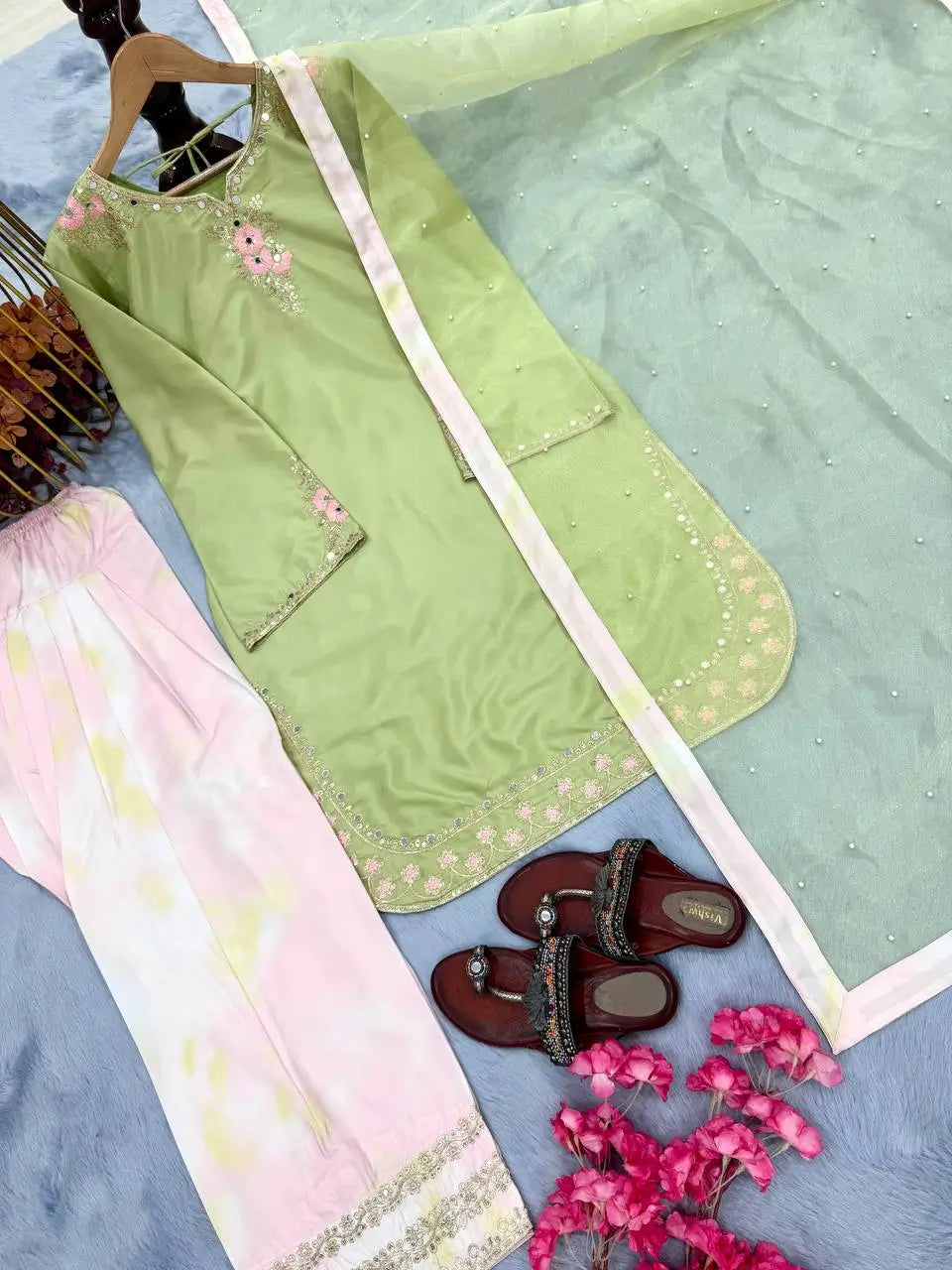 Light Green & Pink Contrast Crepe Embroidered Suit with Farshi Plazzo & Organza Dupatta