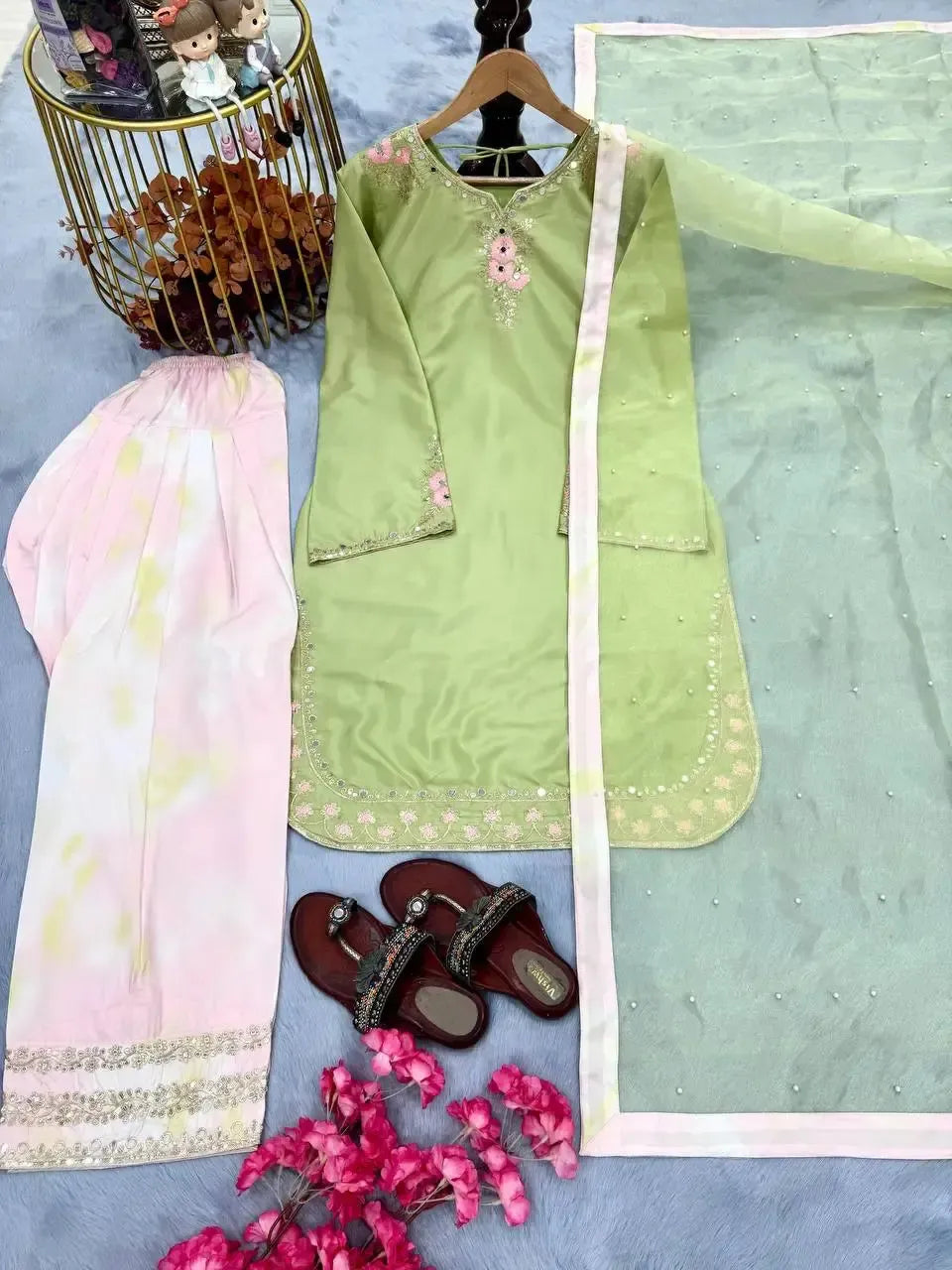 Light Green & Pink Contrast Crepe Embroidered Suit with Farshi Plazzo & Organza Dupatta