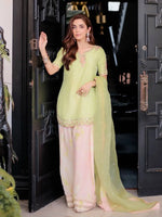 Light Green & Pink Contrast Crepe Embroidered Suit with Farshi Plazzo & Organza Dupatta