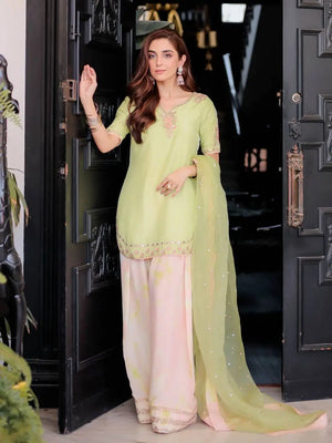 Light Green & Pink Contrast Crepe Embroidered Suit with Farshi Plazzo & Organza Dupatta