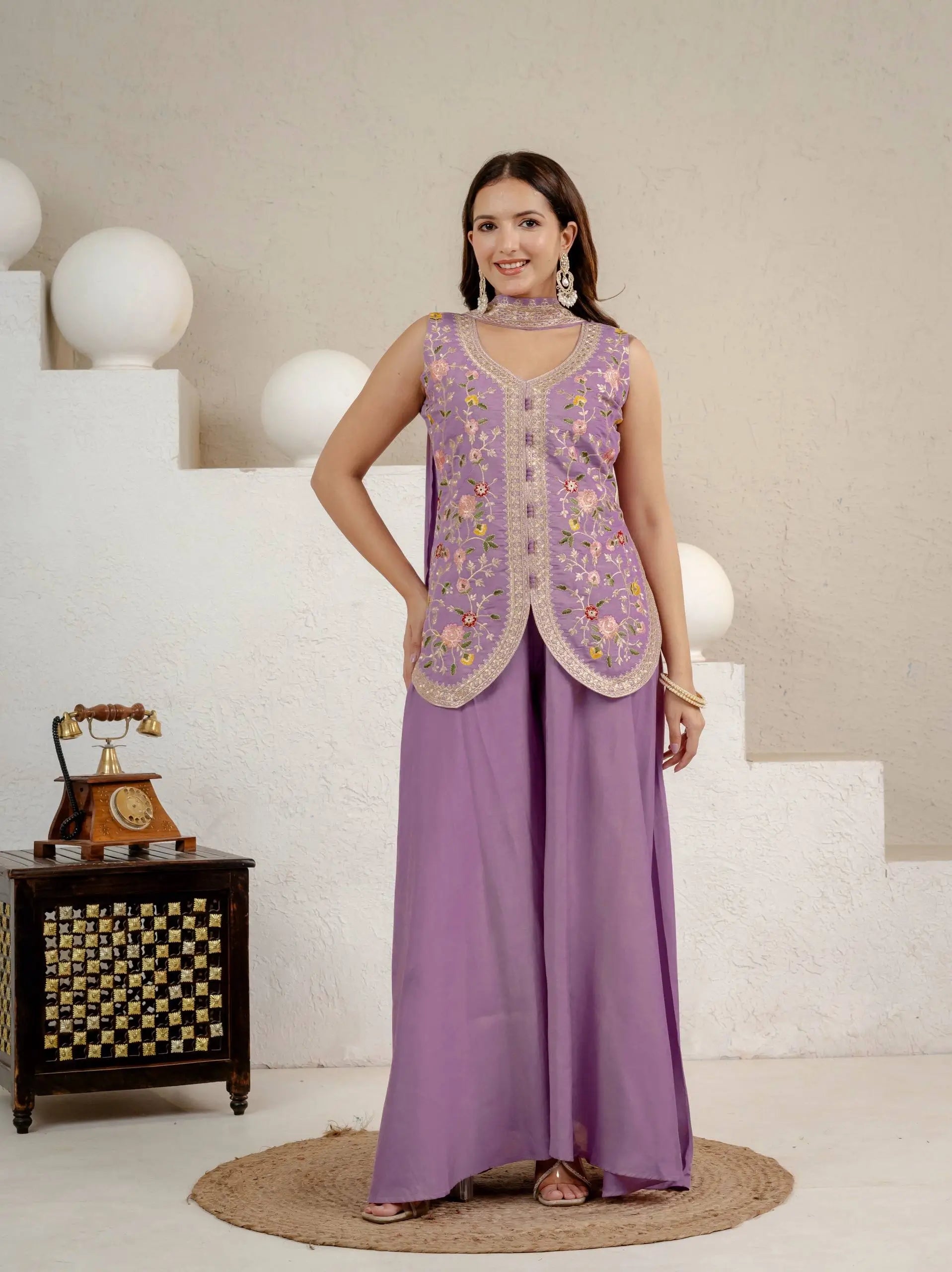 Lilac Sequin Embroidered Sharara Set