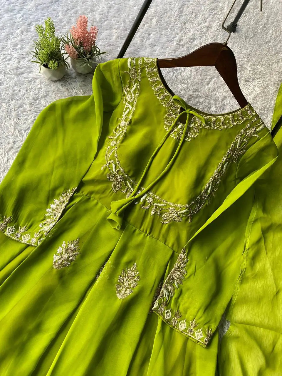 Lime Green Georgette Sequence Embroidered Gown with Dupatta