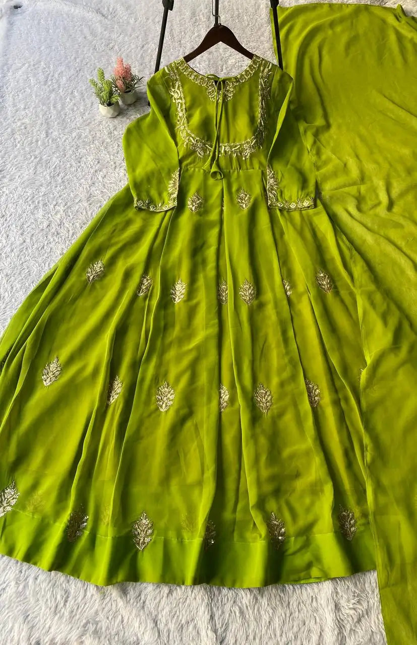 Lime Green Georgette Sequence Embroidered Gown with Dupatta