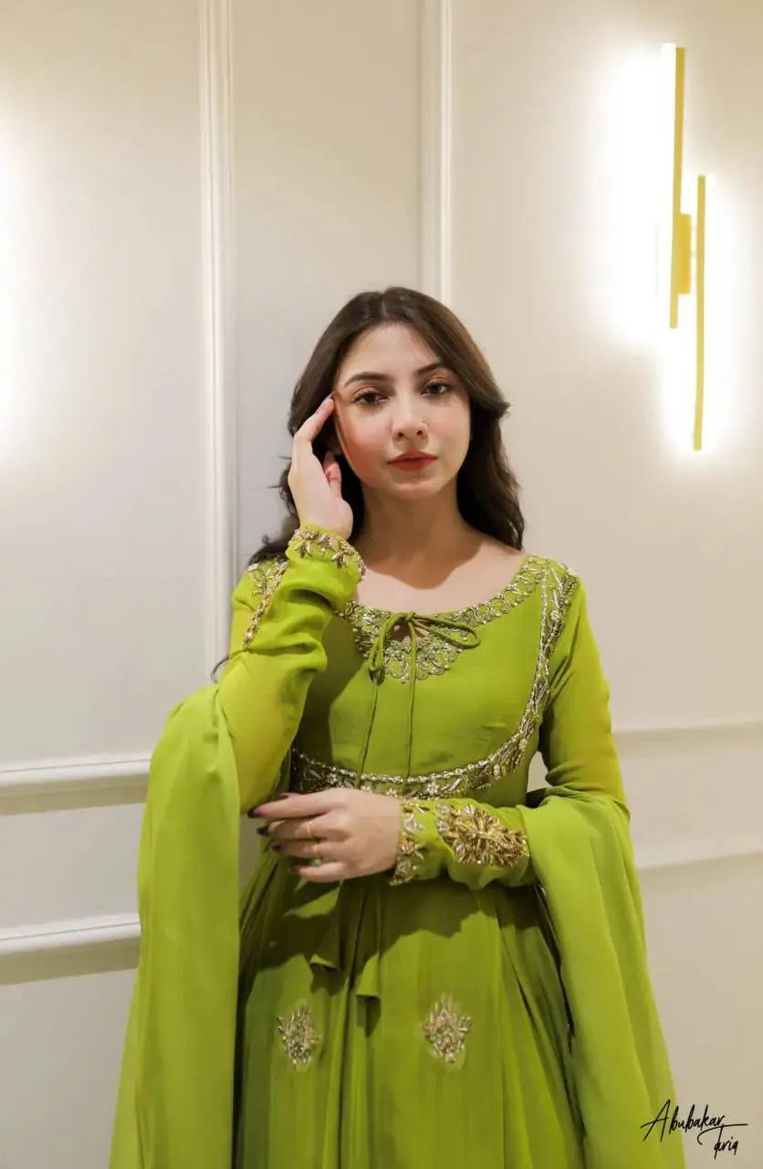 Lime Green Georgette Sequence Embroidered Gown with Dupatta