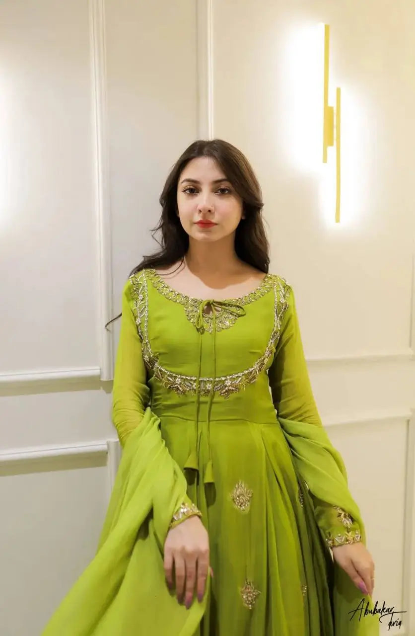 Lime Green Georgette Sequence Embroidered Gown with Dupatta
