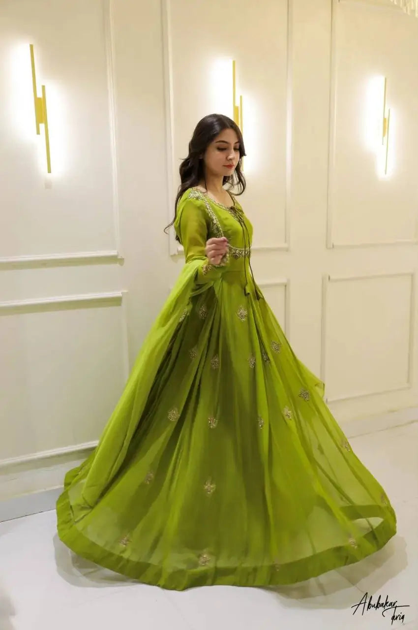 Lime Green Georgette Sequence Embroidered Gown with Dupatta