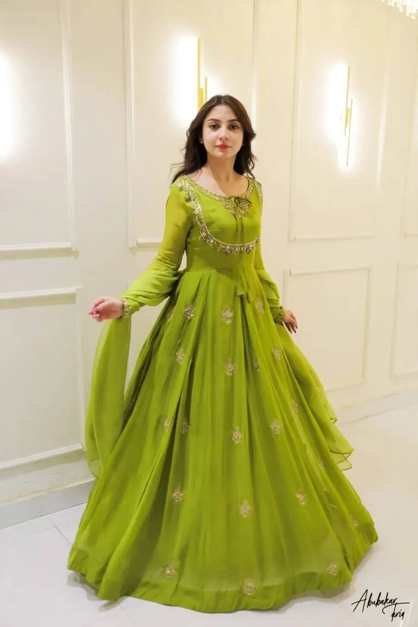 Lime Green Georgette Sequence Embroidered Gown with Dupatta