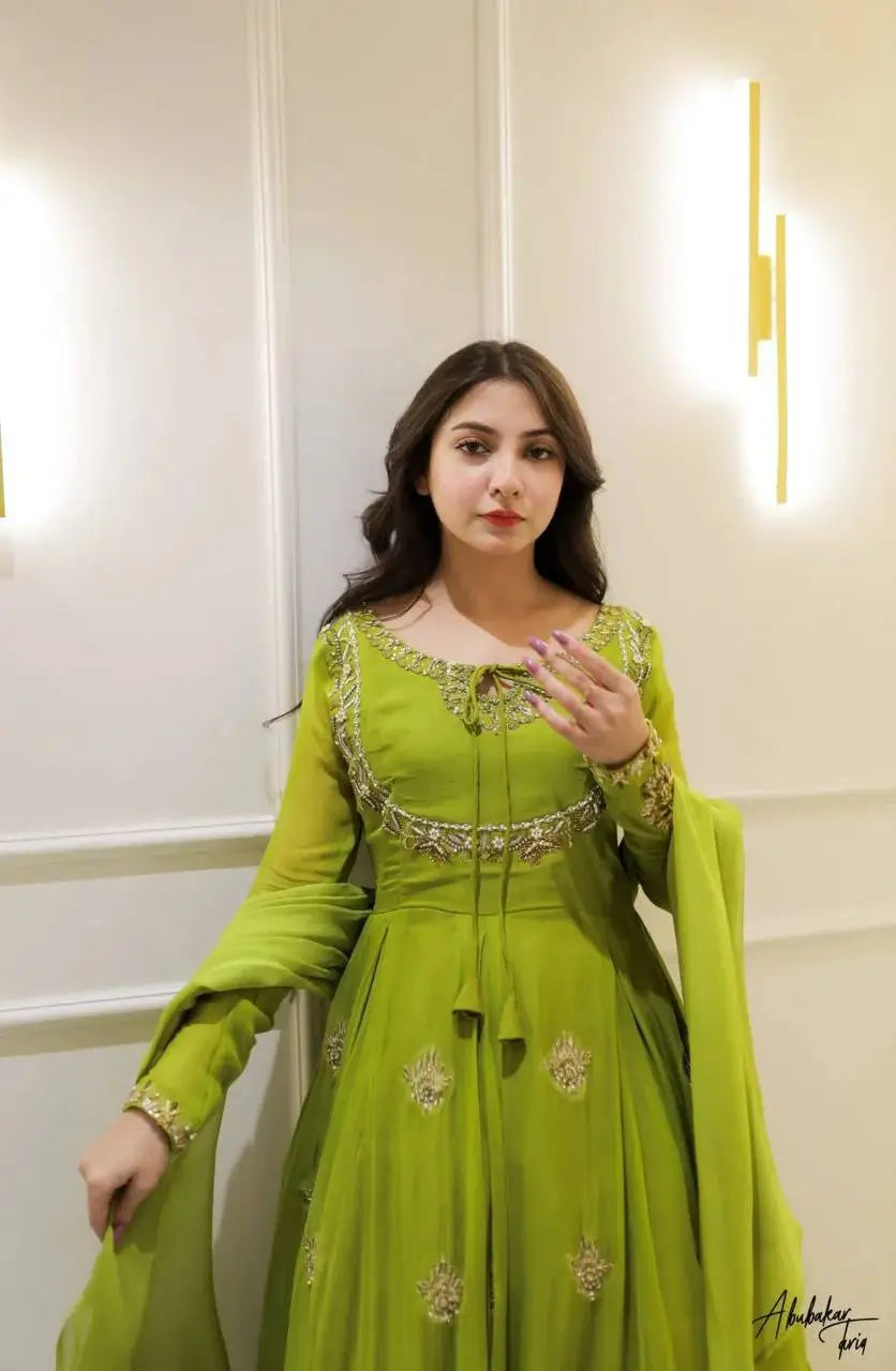 Lime Green Georgette Sequence Embroidered Gown with Dupatta