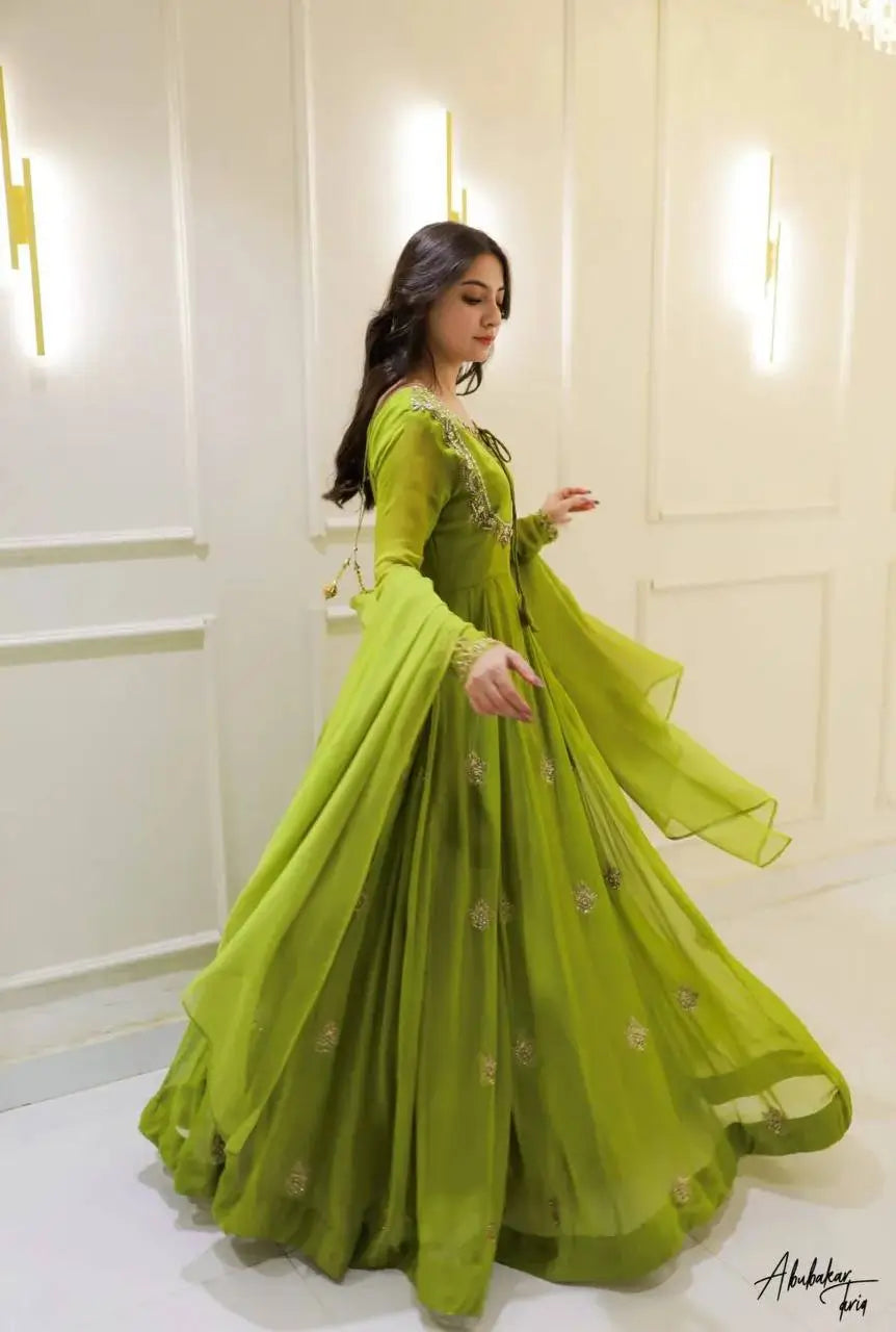 Lime Green Georgette Sequence Embroidered Gown with Dupatta