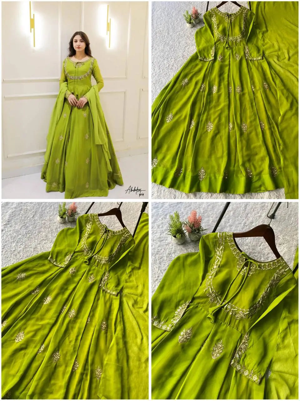 Lime Green Georgette Sequence Embroidered Gown with Dupatta