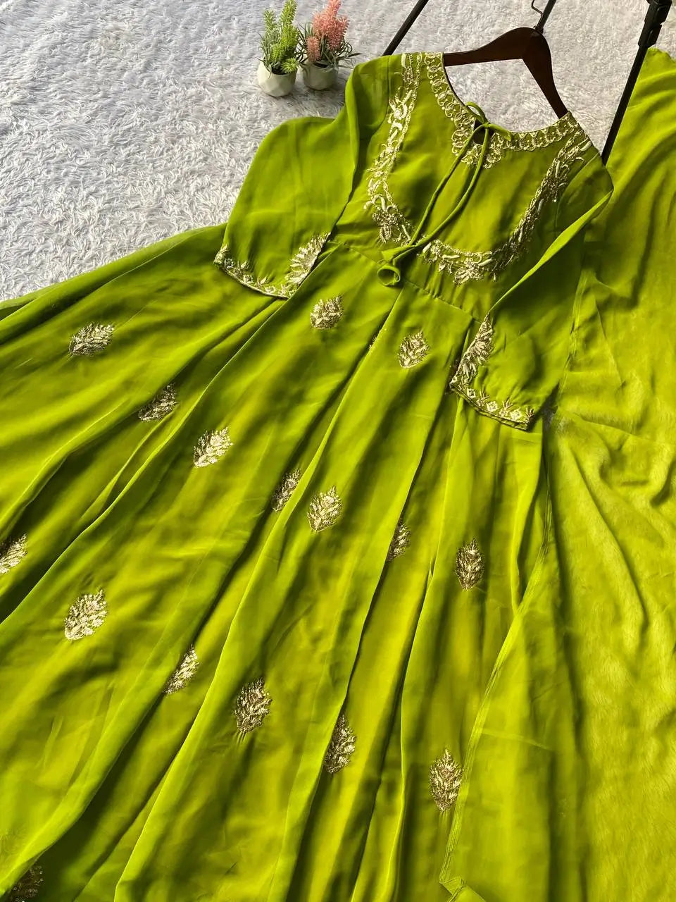 Lime Green Georgette Sequence Embroidered Gown with Dupatta