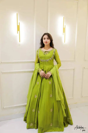 Lime Green Georgette Sequence Embroidered Gown with Dupatta