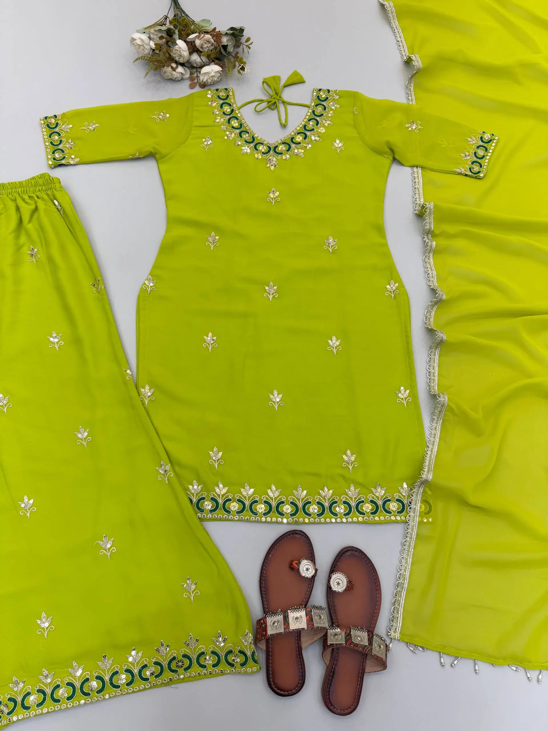 Lime Green Georgette Sharara Palazzo Set