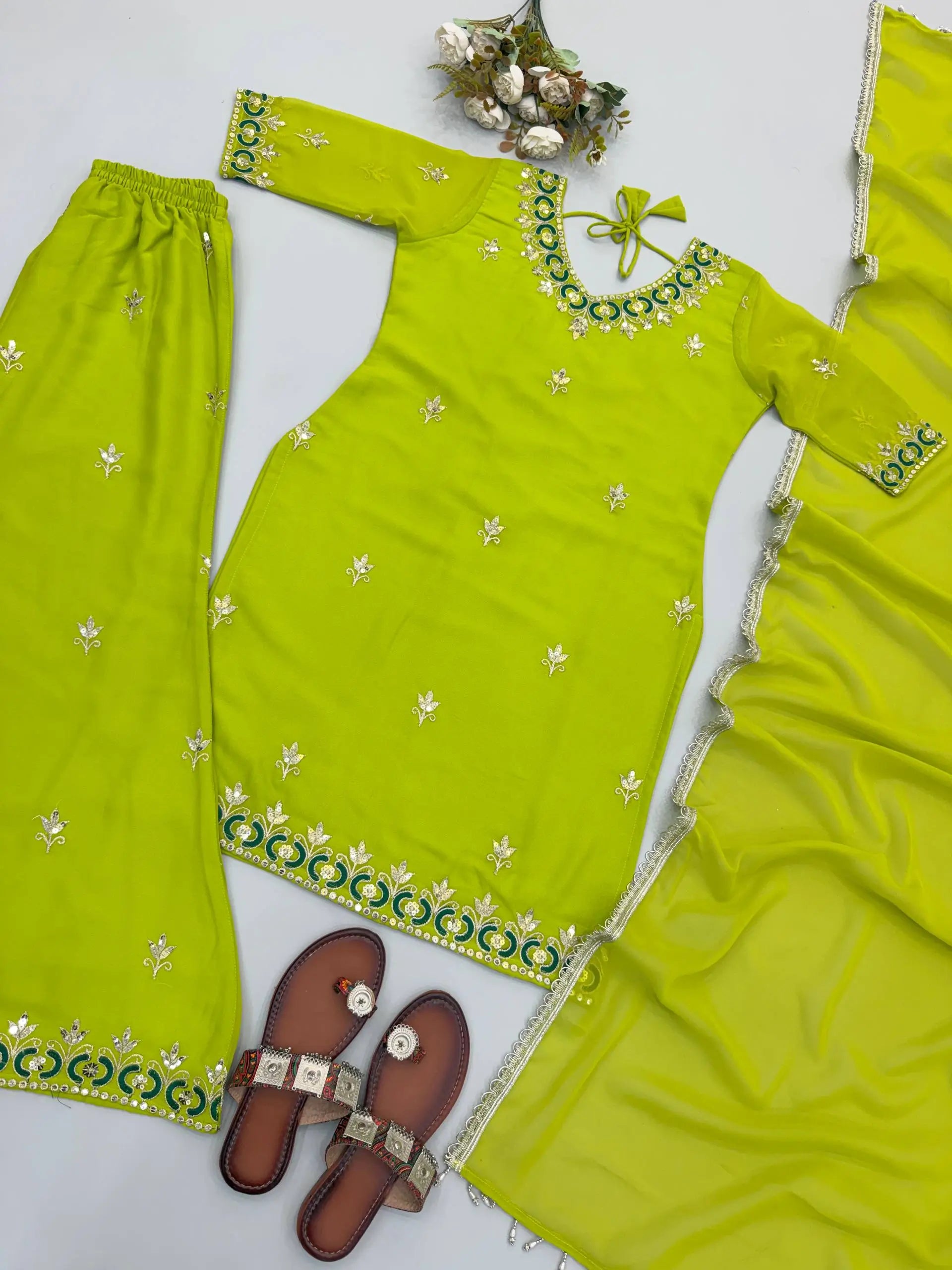 Lime Green Georgette Sharara Palazzo Set