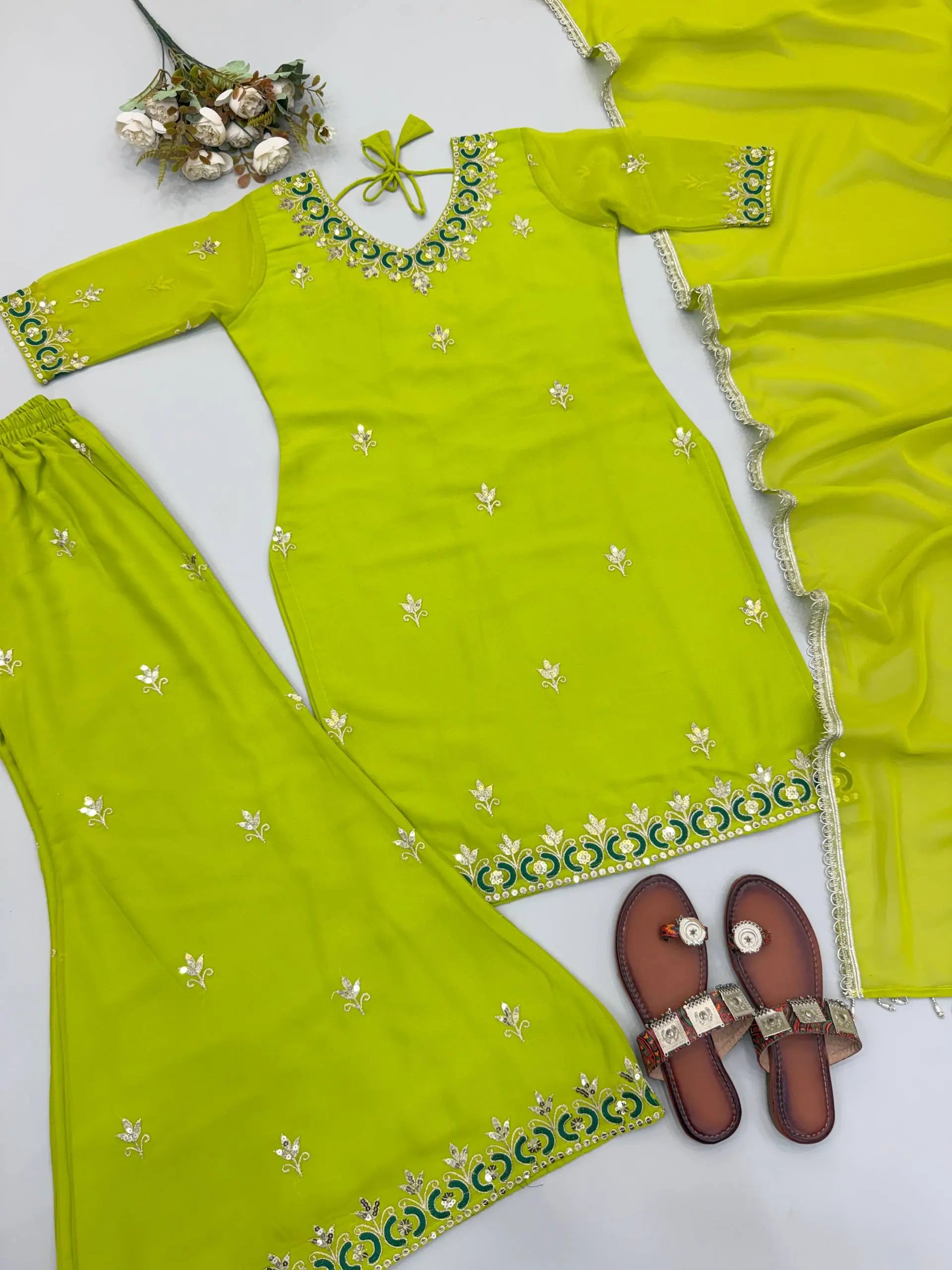 Lime Green Georgette Sharara Palazzo Set